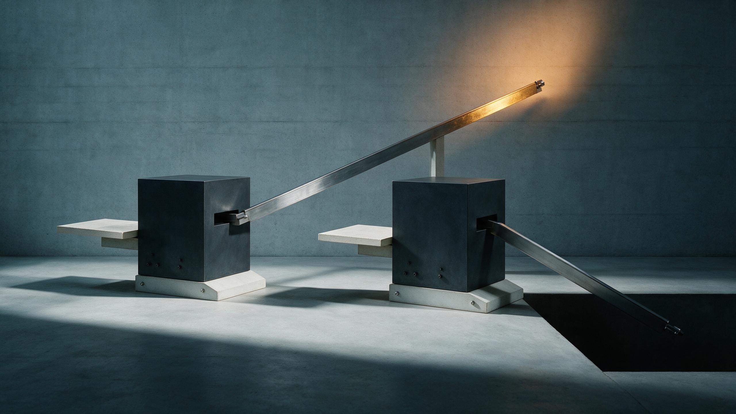 Two identical chambers fed identical pale inputs, their output rails diverging sharply — one climbing into warm light, the other dropping into an unlit void