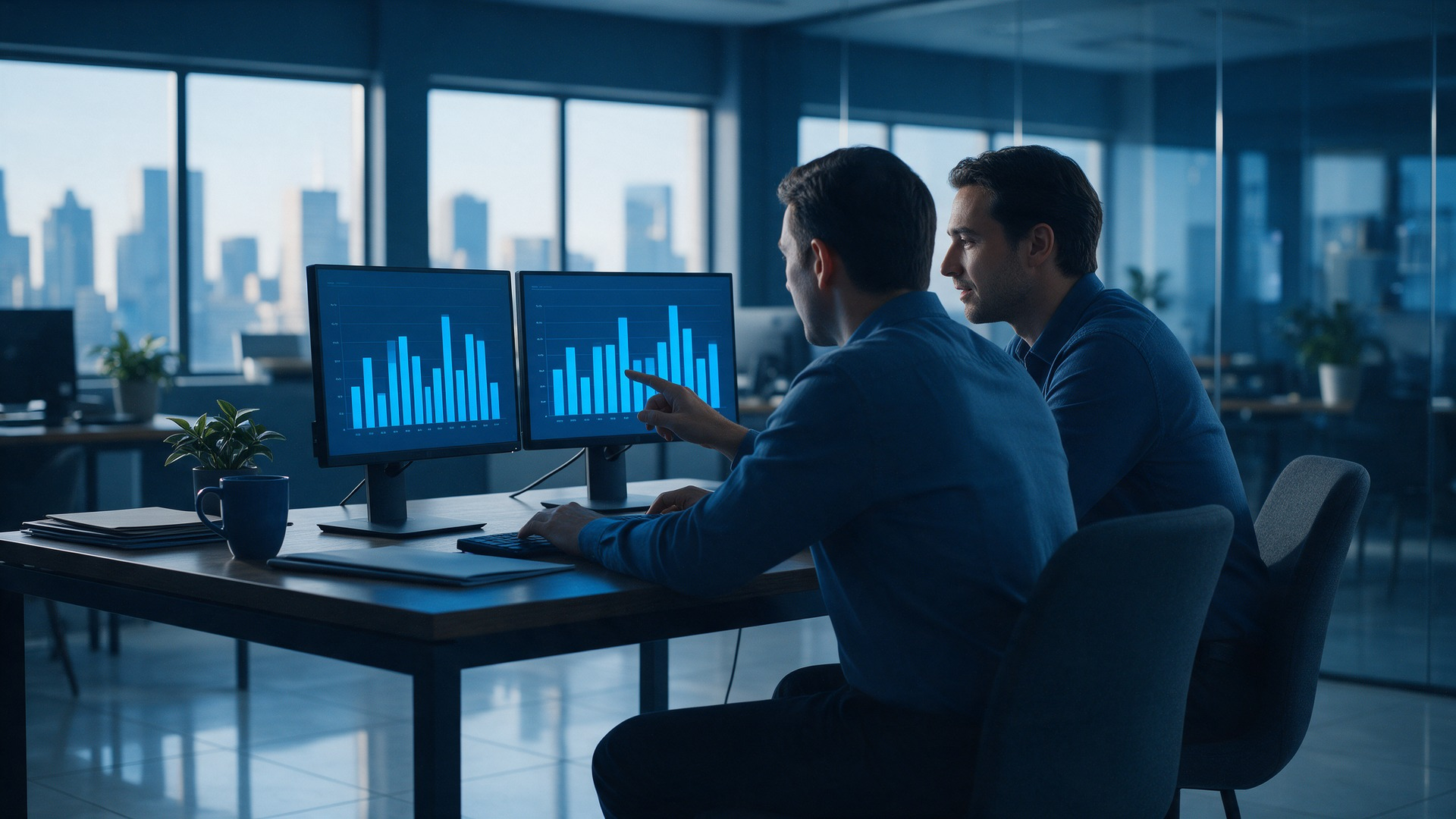 Two analysts at adjacent monitors comparing similar charts showing different values