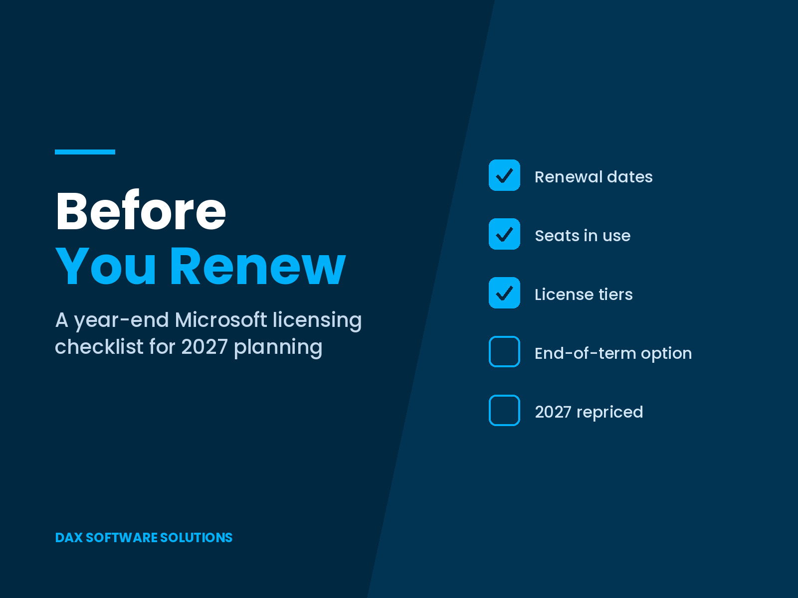 Before You Renew: a year-end Microsoft licensing checklist for 2027 planning, with renewal dates, seats in use and license tiers ticked off
