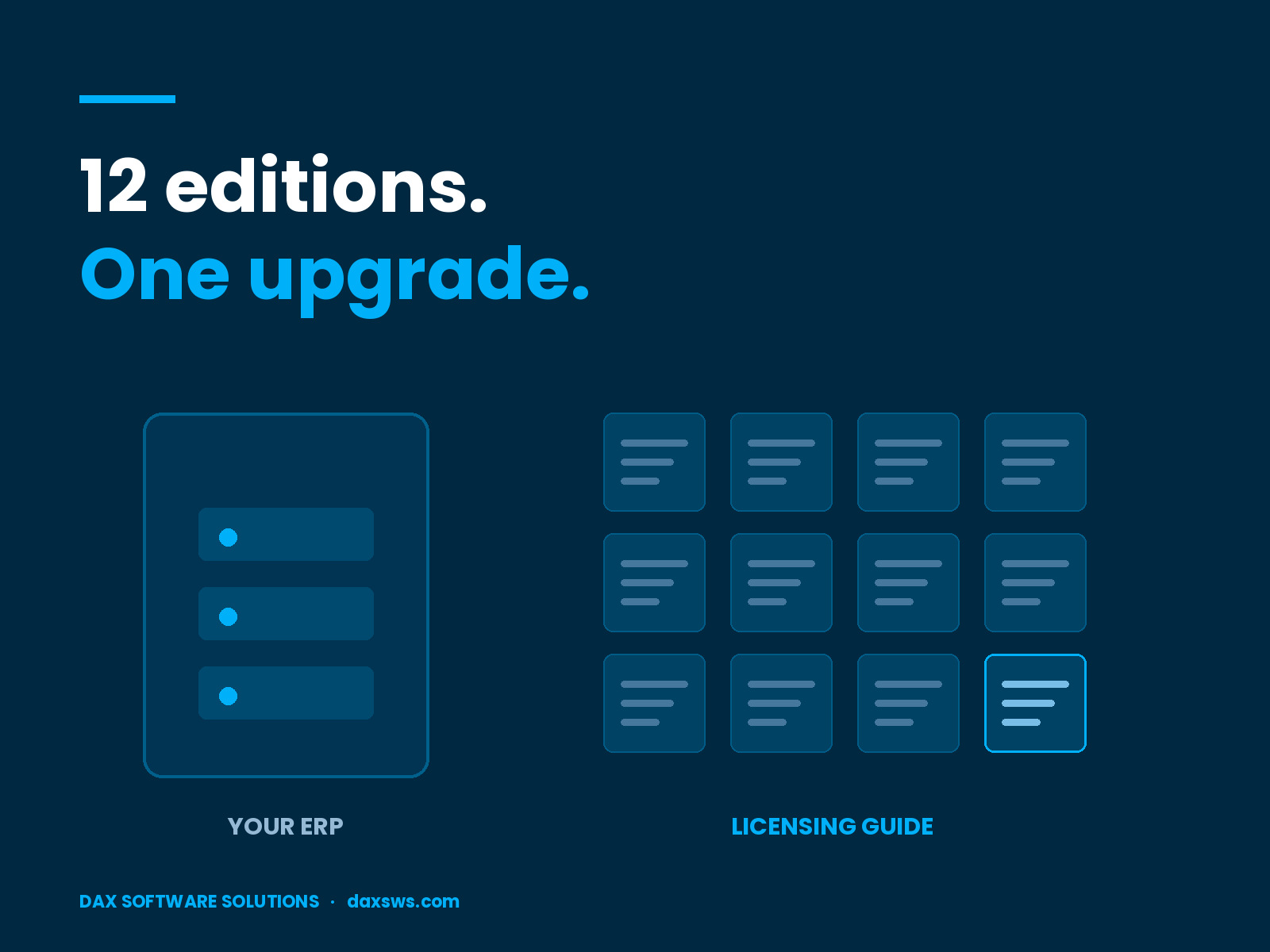 Twelve Dynamics 365 licensing guide editions set against a single ERP upgrade